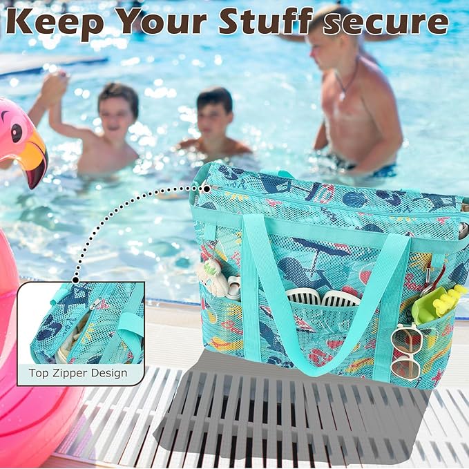 Mesh Beach Bag with Zipper, Large Beach Tote for Women, Toys Pool Swim Bag Travel Vacation Cruise Essentials