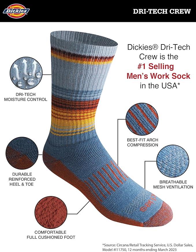 Dickies Men's Dri-Tech Original Moisture Control Crew Socks, Available in M-XXL (6, 12, 18 Pairs)