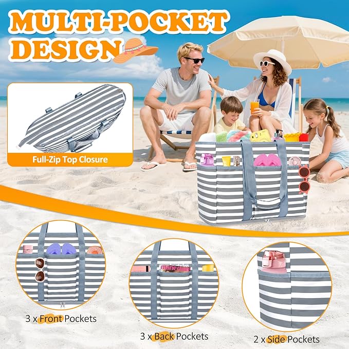 Large Beach Bag with Zipper, 12 Pockets Waterproof Sandproof Pool Bag Womens Mesh Beach Tote Bag for Travel Vacation