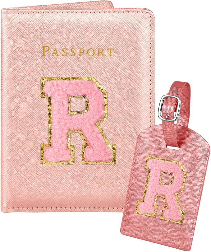 Slohif Passport Holder Initial Lugguage Tag Set Suitcase Cover Wallet Case for Travel Women - Leather Letter Passport Book Personalized Organizer Card Protector Sleeve Essentials Slim Carrier Red R