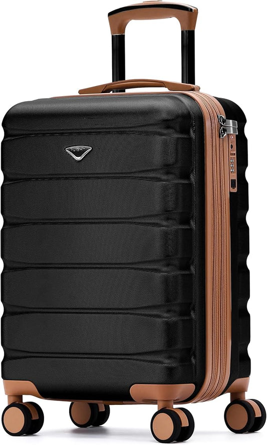Flight Knight 21.5x15.5x9 Expandable Carry On Suitcase Hardside TSA Lock & USB C Port Lightweight Luggage Silent Double Spinner Wheels Maximum Canada Air Overhead Bag Airlines Approved Black/Tan