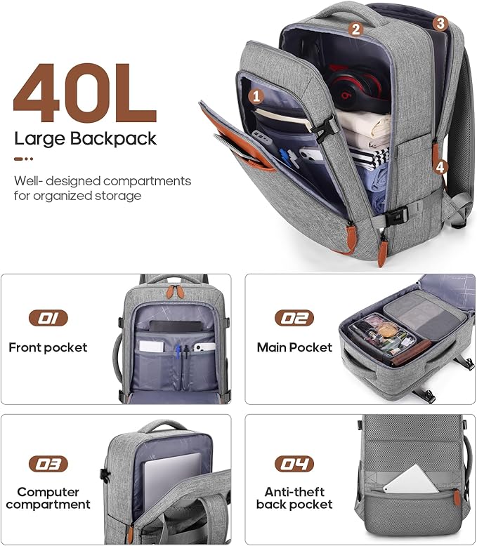 UKEIN Luggage Sets 3 Piece, PC Hardside Large Luggage 24 Inch With Spinner Wheels with TSA Lock, Carry On Suitcase Set With Travel Backpack (Grey, 3 piece set (24inch))