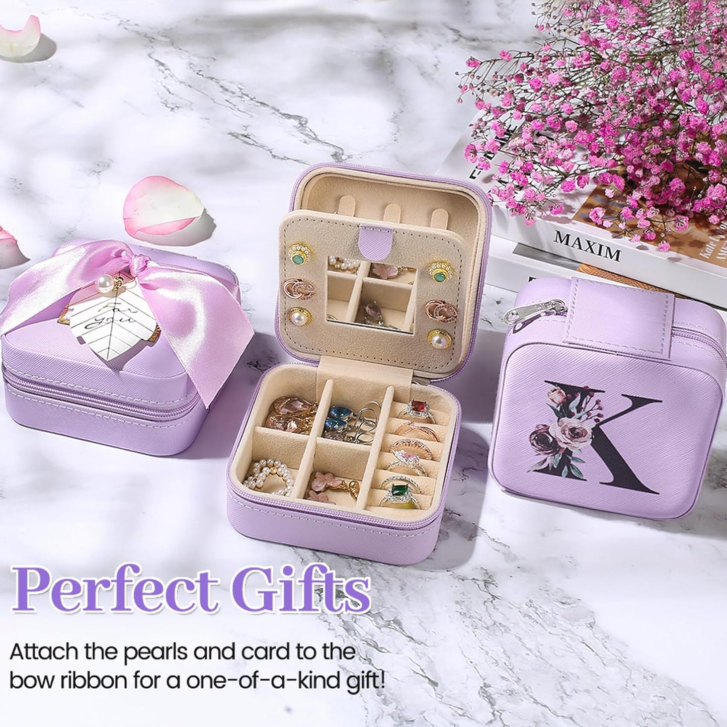 AYGXU Travel Jewelry Box for Women and Girls - Small Case With Initial A-Z - Teacher Gifts