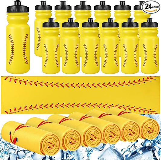 24 Pcs Sport Party Favors Include 12 Pcs 20 oz Plastic Soccer Football Basketball Water Bottles Bulk 12 Pcs 40"x12" Softball Baseball Cooling Towels for Soccer Sport Team Gift