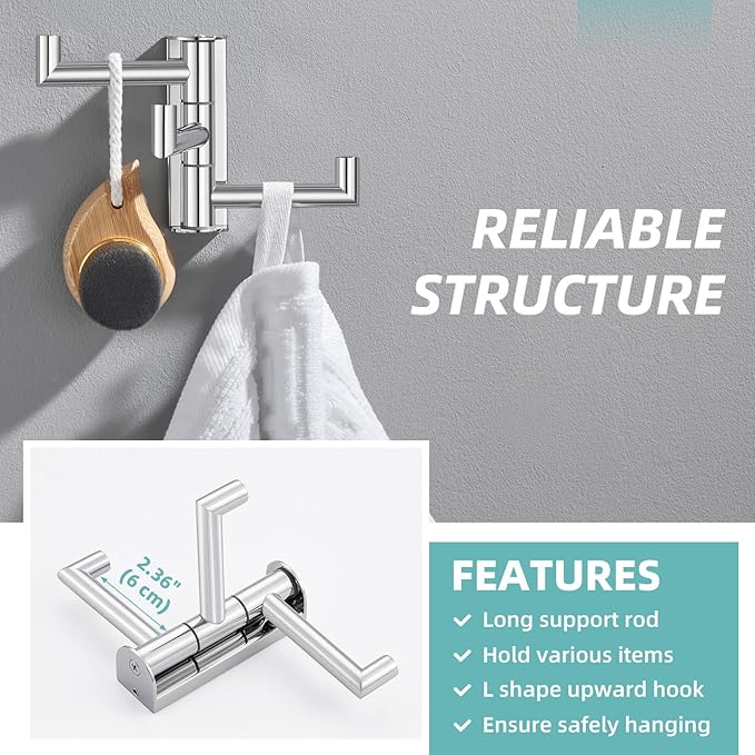 APLusee Polished Chrome Swivel Towel Hook for Bathroom, Heavy Duty 304 Stainless Steel Bathroom Wall Hook with Multi 3 Arms, Wall Mounted Towel Hanger for Kitchen Garage