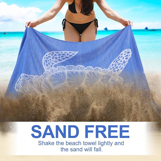 Genovega Oversized Cotton Turkish Beach Towels 72"x36" Lightweight Quick Dry Sandless Pool Swim Towel Large No Sand Adult Travel Compact Blanket Essentials Cruise Accessories Must Haves Blue Turtle