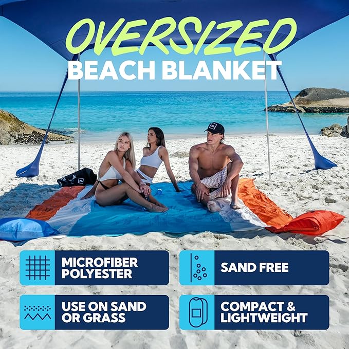 SUN NINJA Oversized Beach Blanket - Sandproof Beach Blanket, 10ft x 9ft Sand Free Blanket, Lightweight, Water Resistant, Includes Carry Bag, 4 Pegs, Shoulder Strap for Family Outings