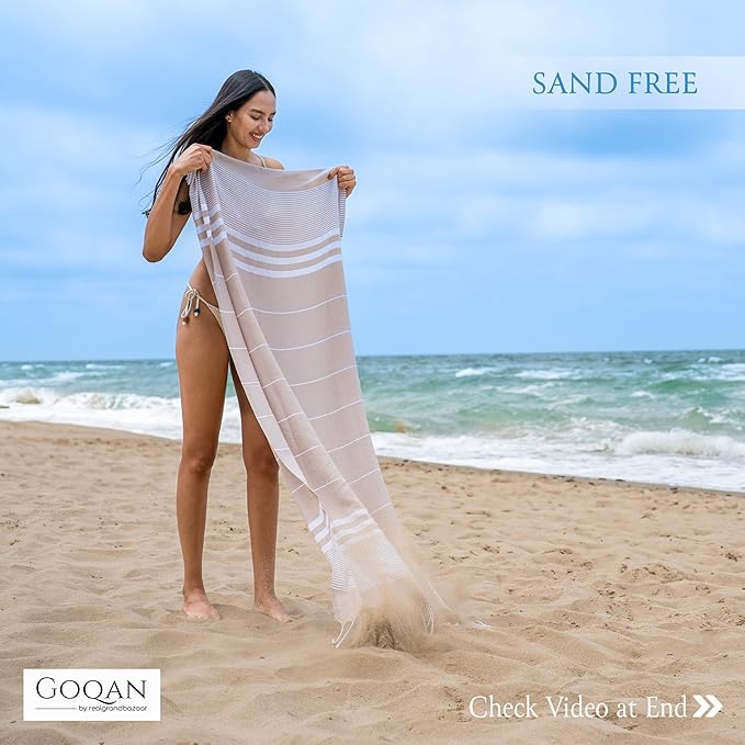 GOQAN Turkish Beach Towel Oversized 39x71 | Thin, Lightweight, 100% Cotton and Sand Free Towel is Suitable for Beach, Bathroom, Pool, Travel & Swim - Beige