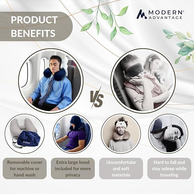 Modern Advantage Inflatable Travel Pillow for Airplanes with Comfort Hood, Adjustable Neck Support, Lightweight & Compact Flight Pillow for Sleeping on Long Flights & Travel (Blue)