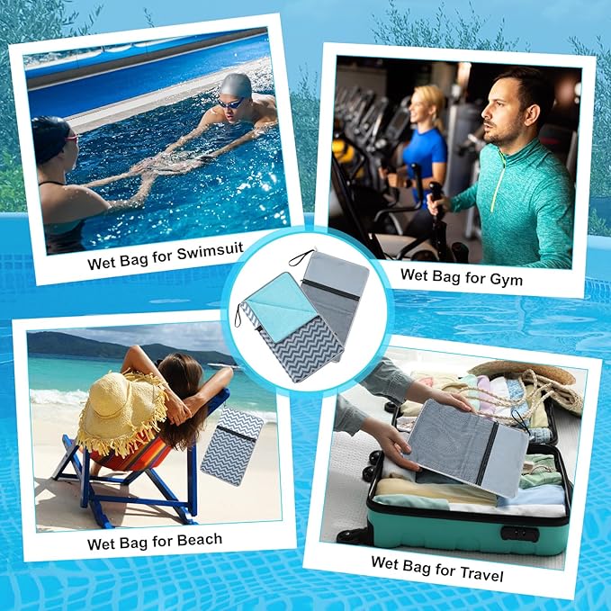2 Pcs Wet Bags for Swimsuit, Embedded Towel Wet Dry Bag with 2 Zipper Pockets, Reusable Waterproof Leakproof Dirty Clothes Bag for Beach, Pool, Travel, Dirty Yoga Gym Clothes, Diaper, Gray