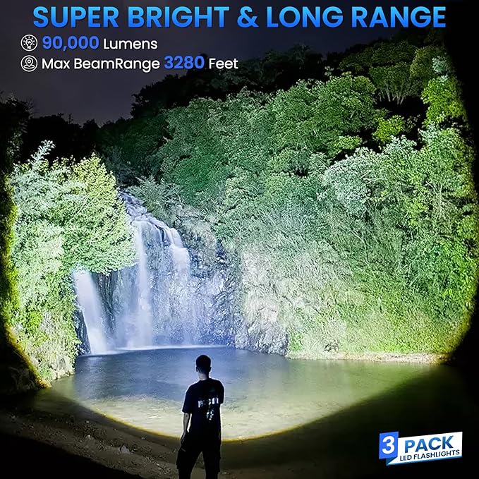 Rechargeable Flashlights 3 Pack - 990,000 Lumens Super Bright LED Flash Light with Fast Charging, IPX7 Waterproof, 5 Modes for Camping & Home