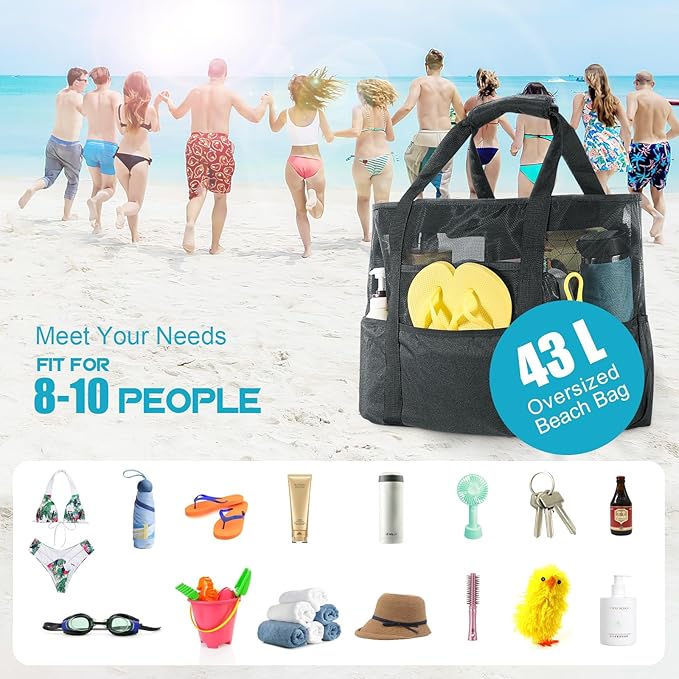 24 inch Large Mesh Beach Bag with Zipper, Oversized Foldable Lightweight Family Beach Tote with 7 Pockets, Vacation Essentials Beach Accessories