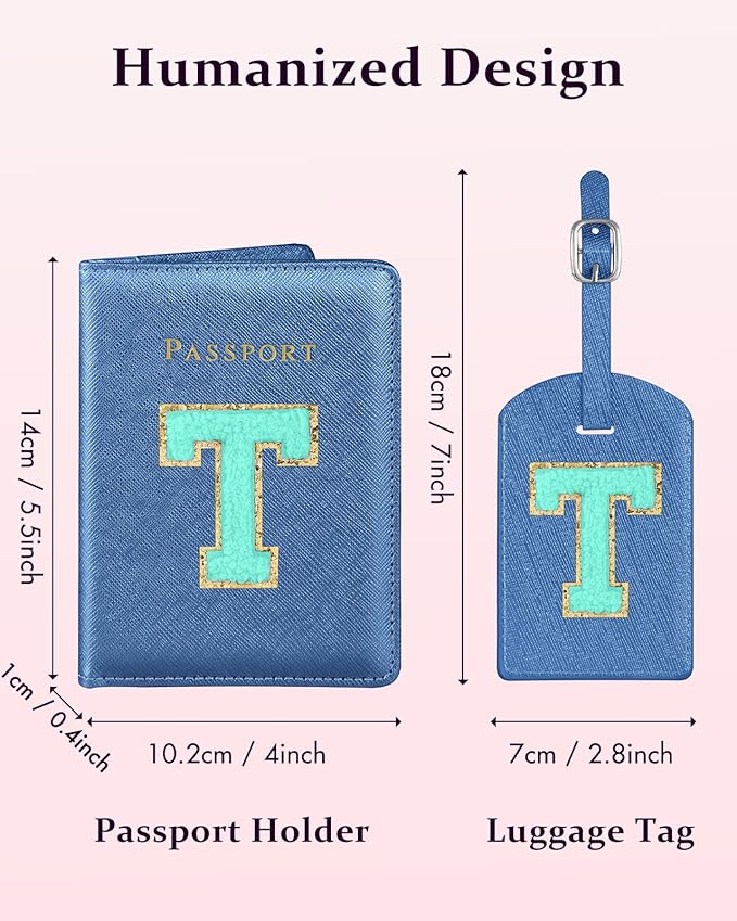 Slohif Passport Holder Initial Lugguage Tag Set Suitcase Cover Wallet Case for Travel Women - Leather Letter Passport Book Personalized Organizer Card Protector Sleeve Essentials Slim Carrier Blue T