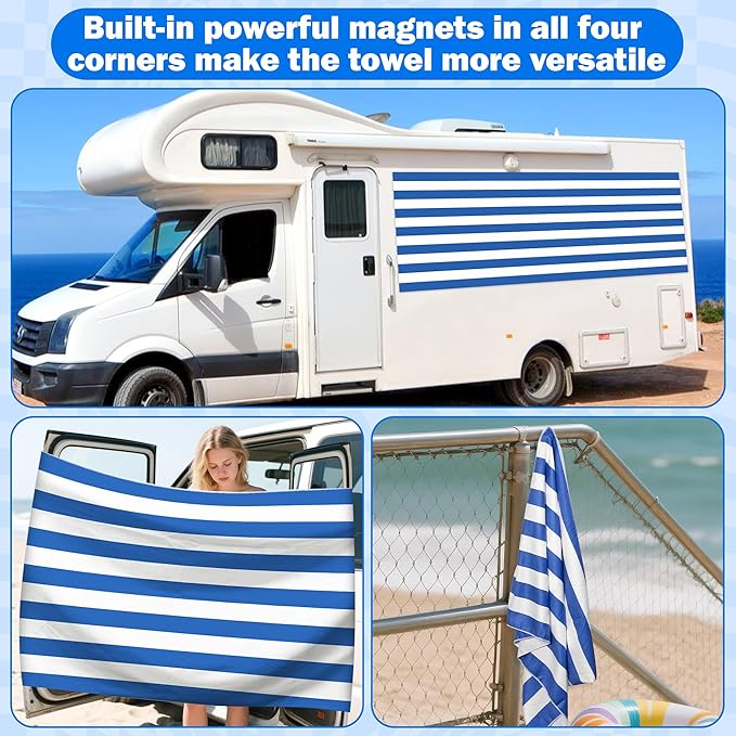 Blue Stripes Magnetic Beach Towel - 75"x30" Sand Free Quick Dry Microfiber Towel with Built-in Magnets Lightweight for Beach Chair Car Door Pool Travel Camping Yoga with Storage Bag