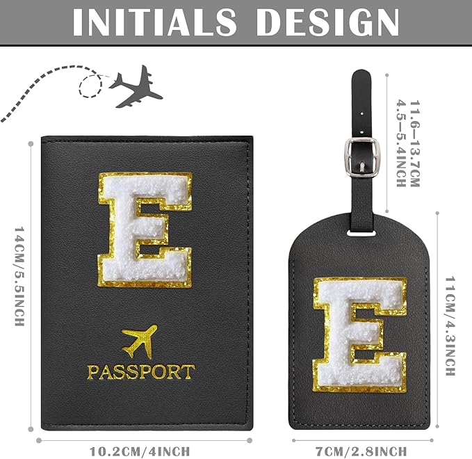 COSHAYSOO Black Passport Cover and Luggage Tag Set TSA Approved with Her Initial Chenille Letter Patch for Big Little Girls Sister Daughter, Hawaii Travel Bag Backpack Suitcase Identifier (E)