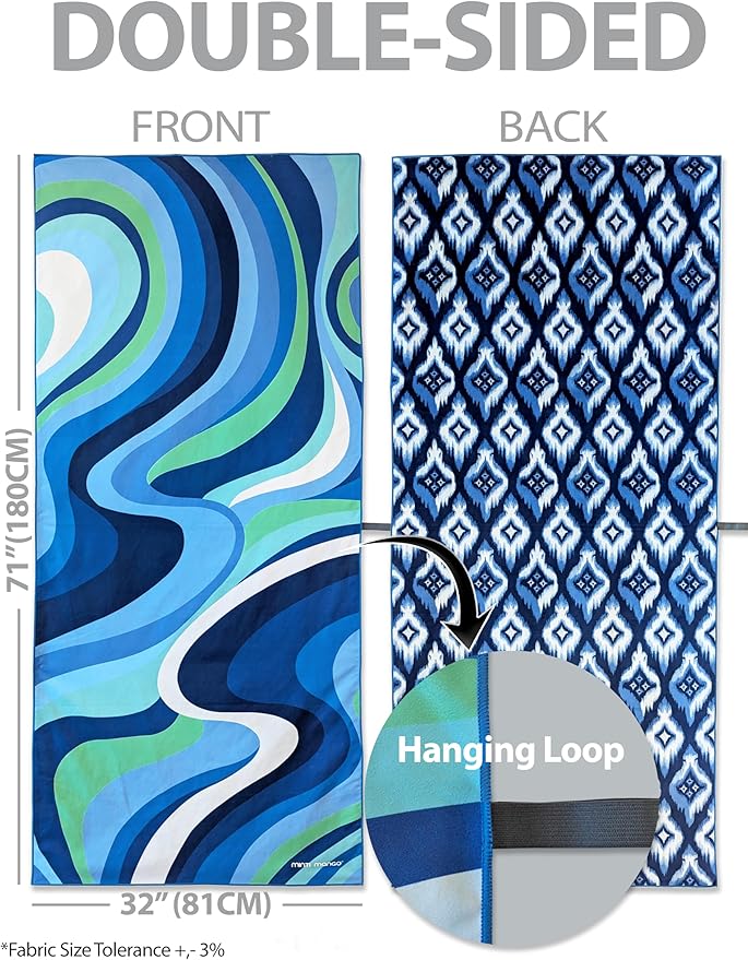 Microfiber Beach Towel Oversized 71X32" Thin Lightweight, Quick Dry Towel, Sand Free, High Absorbent, Compact, Vacation, Pool, Camping, Cruise, Picnic, Travel Towel, Beach Blanket, Carry Bag, Blue