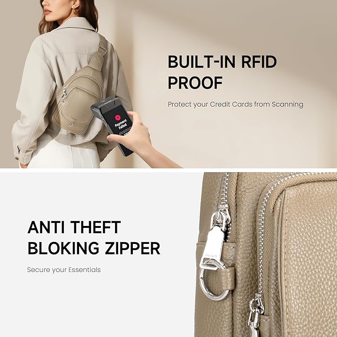 befen Anti Theft Genuine Leather Sling Bag for Women RFID Small Crossbody Bag Chest Bag Leather Fanny Packs for Travel