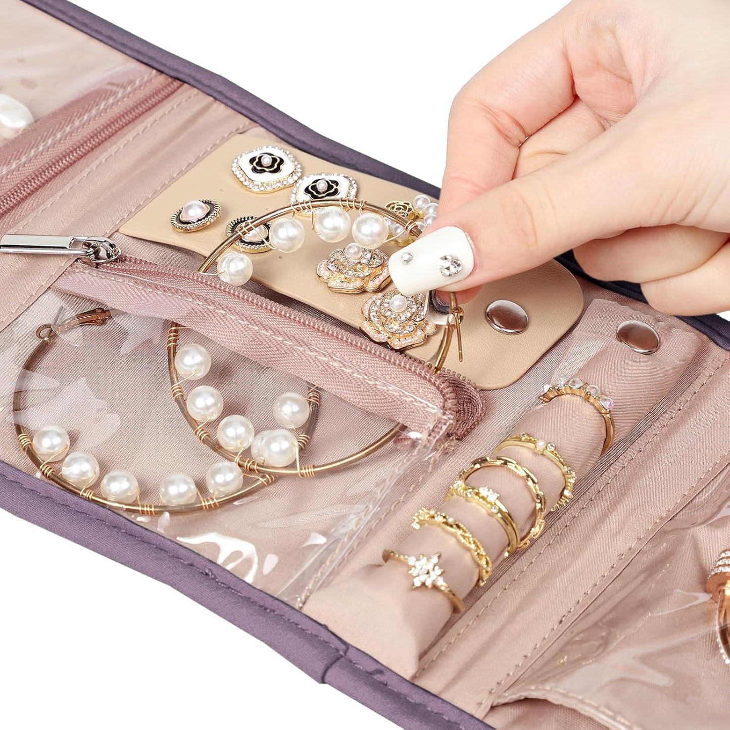 BELALIFE Travel Jewelry Case Organizer, Small Foldable Storage Roll for Earrings, Necklaces, Rings, Bracelets, Brooches, Purple