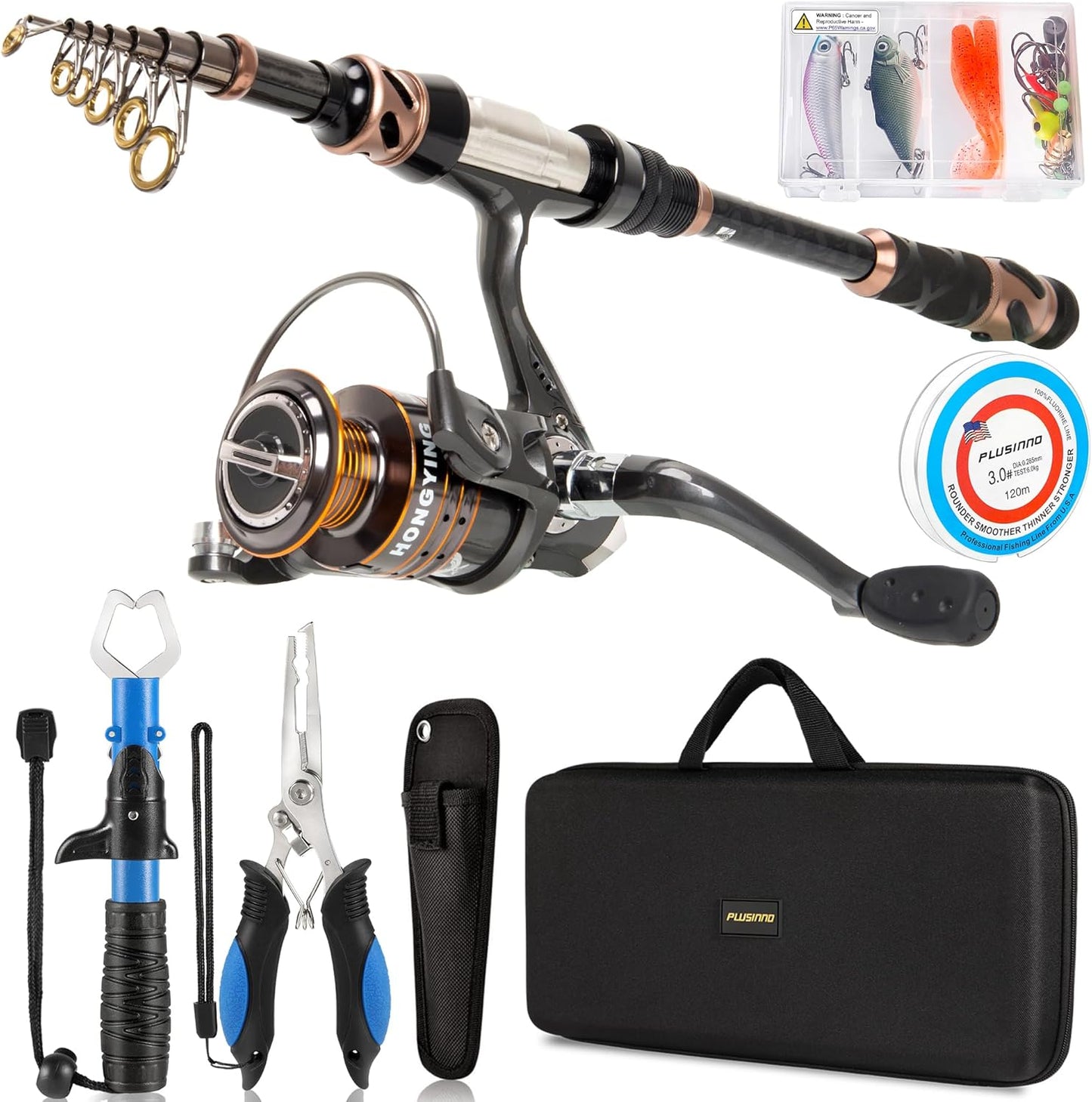 PLUSINNO Fishing Rod and Reel Combos - Carbon Fiber Telescopic Fishing Pole - Spinning Reel 12 +1 Shielded Bearings Stainless Steel BB