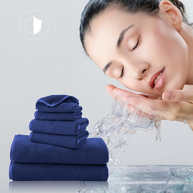 TENSTARS Luxury Silk Hemming Towel Set - Light Thin Quick Drying - 2 Bath Towels 2 Hand Towels 2 Washcloths - Ultra Soft Microfiber Towel for Bath Fitness, Sports, Yoga, Travel (Navy Blue 6 Pieces)