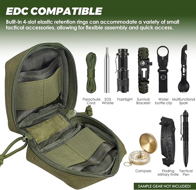 2 Pack Mini Tactical EDC Molle Pouch with 4 D-Rings, Compact Utility Belt Pouches Organizer with Removable Clear ID Pocket for Enhanced Gear Attachment (4x4 GP Pouch)
