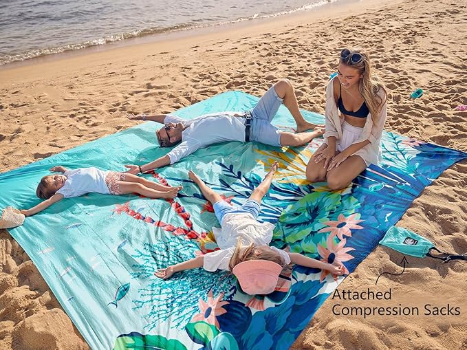 WEKAPO Beach Blanket Waterproof Sandproof Oversized, Extra Large Beach Mat Sand Free, Lightweight & Compact Sand Free Mat with 6 Stakes & 4 Corner Pockets