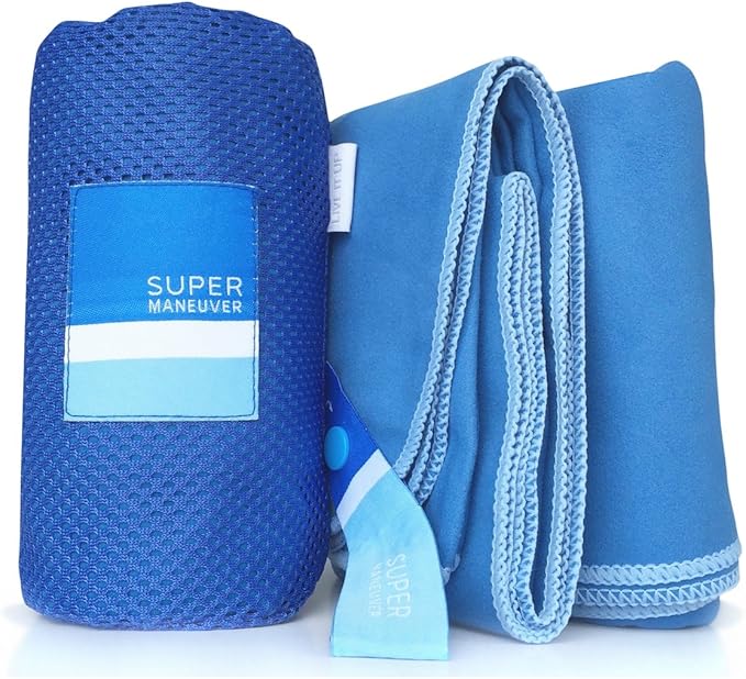 Super Towel for Sports, Travel & Adventures — Lightweight, Compact, Absorbent, Fast-Dry, Soft Microfiber Suede — For the beach, pool, gym, yoga, outdoors & jetsetting. Blue+Light Blue, XL (60x32")