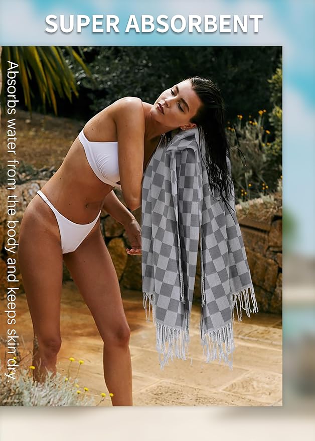 6 Packs Turkish Beach Towel Blanket Set Pool Bath Towels Bulk Multipack Travel Sand Free Quick Dry Extra Large Oversized Cute Big Cotton Soft Lightweight Compact Checkered Proof Cloud Men Women Adult