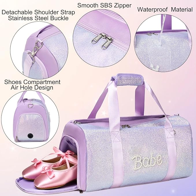 Cute Dance Bag for Girls Ballet Bag Shiny Glitter Sports Duffle Bags Gym Travel Bag with Shoes Compartment(Purple)