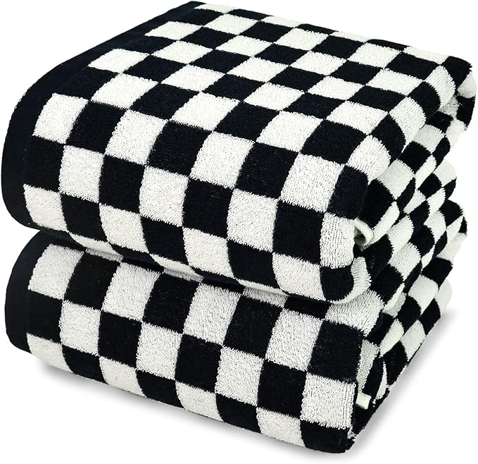 Jacquotha Black & White Checkered Cotton Bath Towels Set of 2 - Cute Aesthetic Towels for Bathroom Decor, Pool, Beach, Spa, 27.5" x 55"