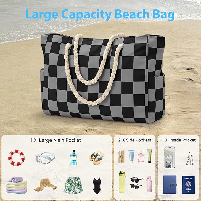 Becokan Beach Bags for Women Checkered Large Beach Tote Bag Zipper Beach Bags Waterproof Sandproof Canvas Swim Pool Bag