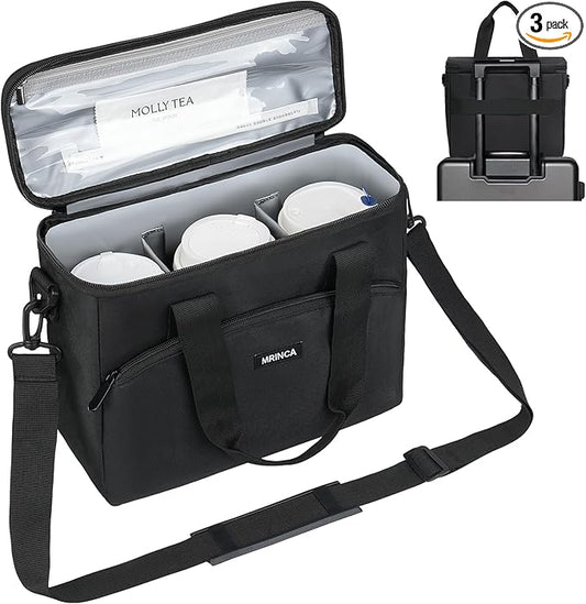 3 Cup Reusable Insulated Drink Carrier, Collapsible & Portable with Leak-Proof Design, Adjustable Dividers & Luggage Strap, Beverage Caddy Holder for Travel, Delivery, Commute