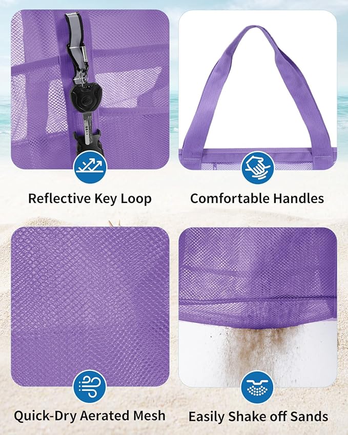 WANDF Mesh Beach Bag for Women, Large Beach Tote Bags with 40oz Tumbler Side Pockets, Family Pool Bag for Swim Toys Towels Cruise Vacation Essentials (Purple) | Breathable