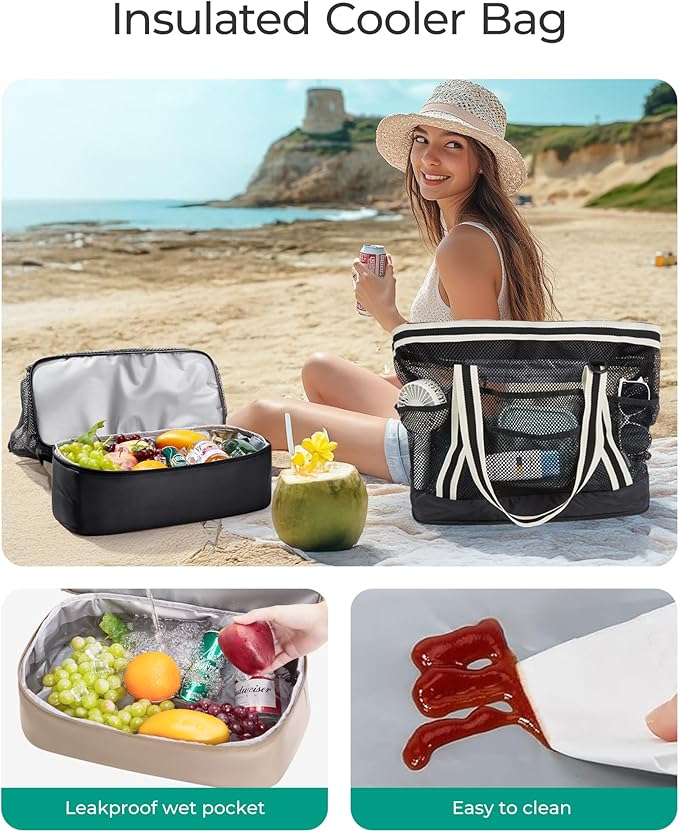 BAGSMART Beach Bag for Women, Mesh Tote Bags with Zipper, Sandproof Vacation Essentials with Cooler for Swim Cruise Pool