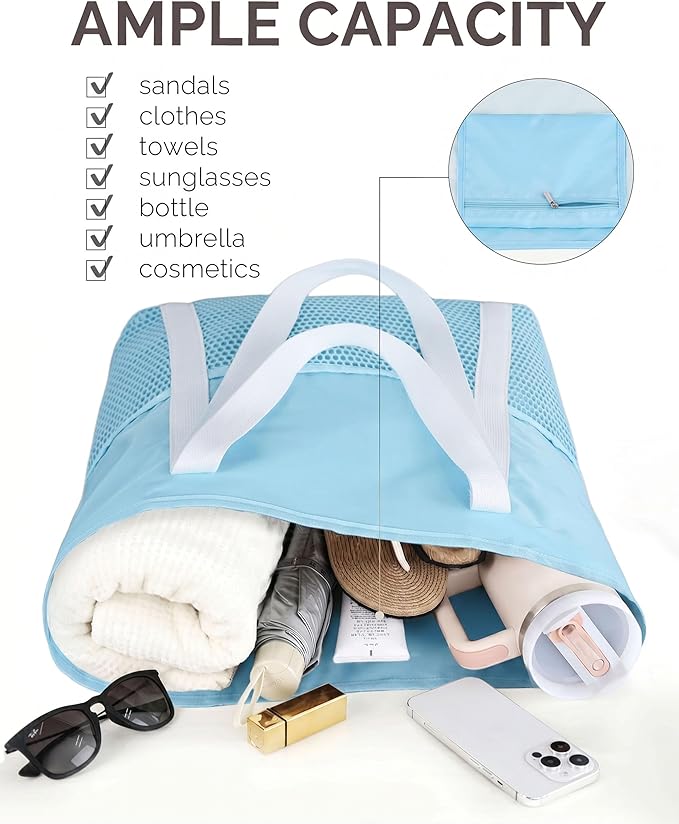 HOMESPON Beach Bag Large Waterproof Sandproof Tote for Women with Zipper and Mesh Pockets