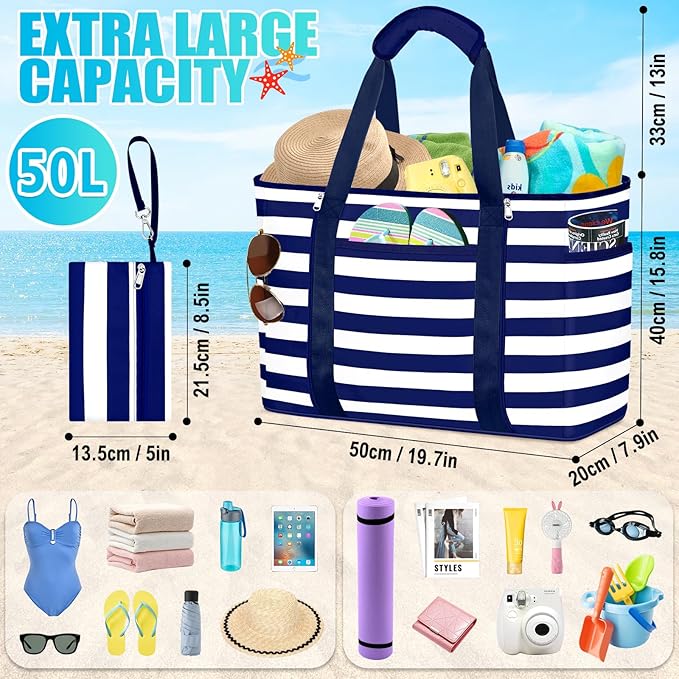 Extra Large Beach Bags for Women, Waterproof Sandproof Beach Tote Bag Foldable Swim Pool Bag with Zipper and Wet Pocket