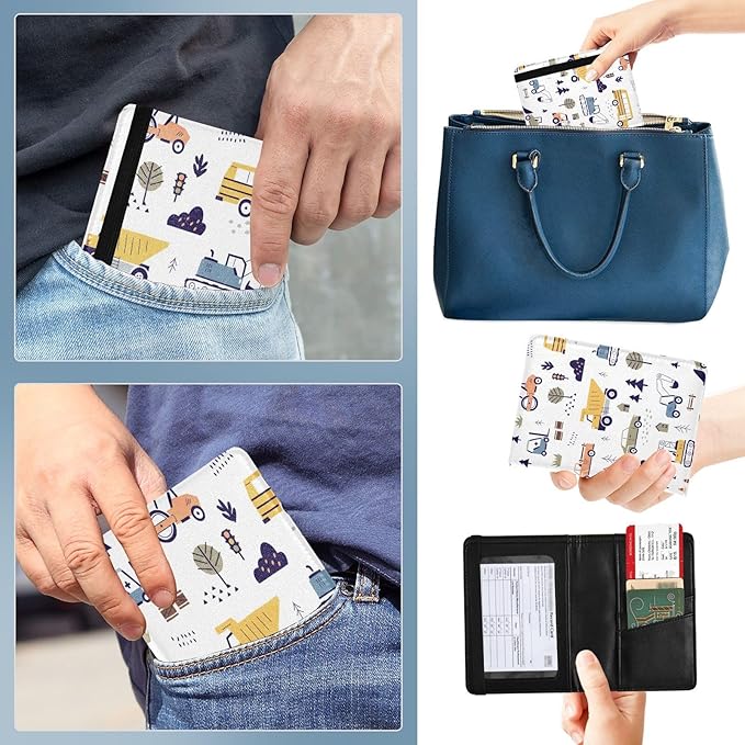 linqin Hand Drawn Construction Machines Passport and Vaccine Card Holder Combo Leather Passport Case 4x3 CDC Vaccination Card Protector/Covers Waterproof Wallet for Travel