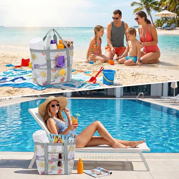 Mesh Beach Bags for Women - Family Beach Tote Bag for Toys, Towels, Travel Vacation Cruise Essentials