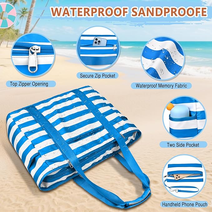 Extra Large Beach Bags for Women, Waterproof Sandproof Beach Tote Bag Foldable Swim Pool Bag with Zipper and Wet Pocket