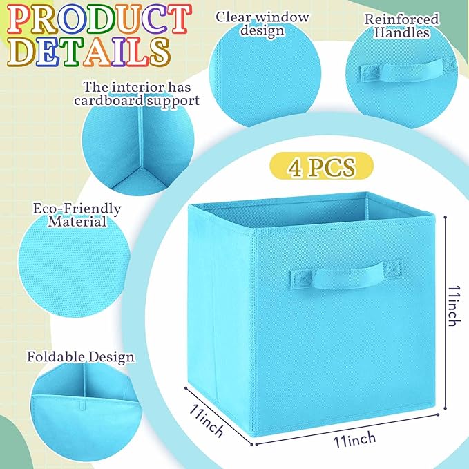 Yinder 4 Pcs Cube Storage Bin Pink 11'' Storage Bins for Playroom Decor Colorful Bins for Kids Purple Foldable Baskets for Nursery Organizer Boxes Fabric Boxes