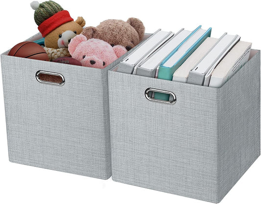 Thicker Fabric Storage Cubes 13 inch Collapsible Storage Bins for Organization, Cubby Storage Boxes for Organizing Shelf Cabinet Bookcase, 2pcs, Sliver Grey