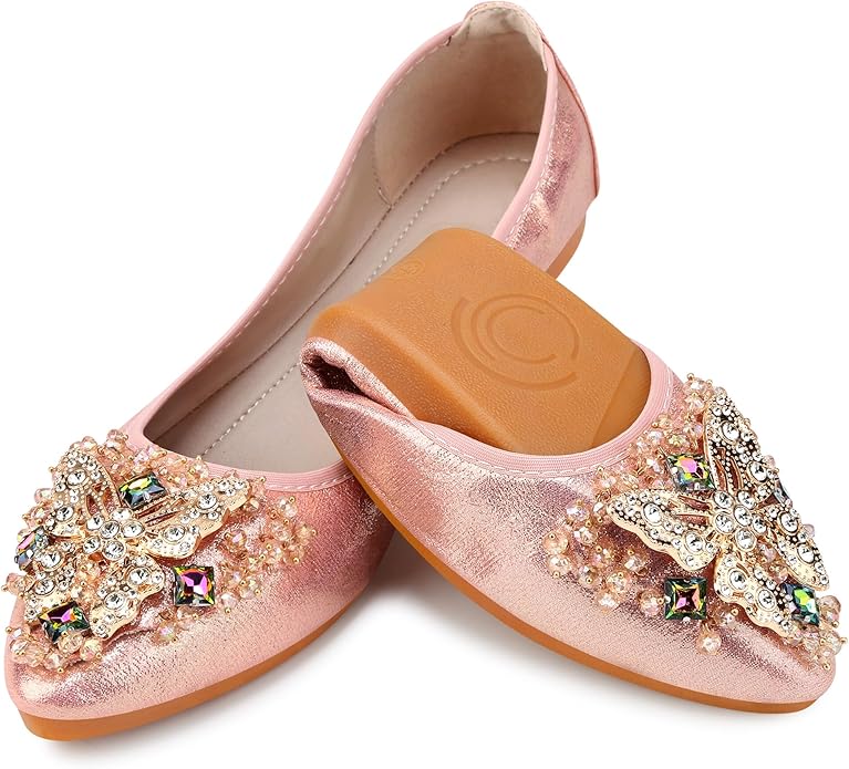 KUNWFNIX Women Ballet Flats Rhinestone Wedding Ballerina Shoes Foldable Sparkly Comfort Slip on Flat Shoes