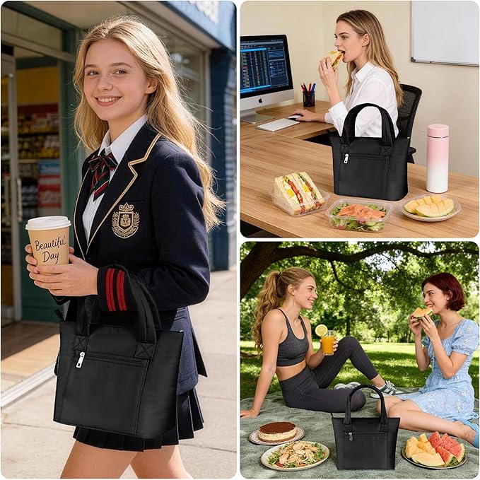 Tote Lunch Bag Women Stylish Quilted Lunch Boxes for Adult Fit and Fresh Cooler Insulated Lunchbox for Work Large 10 Liters Cute Compact Lunchbag Waterproof Black
