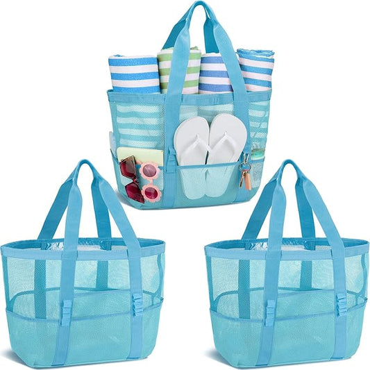 Hillban Large Beach Mesh Bags Bulk for Women Beach Tote Bag with 8 Pocket Zipper Waterproof Sandproof for Pool Cruise Ship