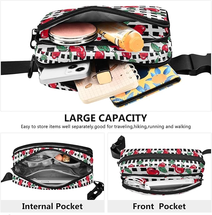 Cherry Fruit Black White Checkered Plaid Fanny Pack for Women Men Water Resistant Fashion Waist Packs with Adjustable Strap Belt Bag for Travel Workout Jogging Hiking 21219425