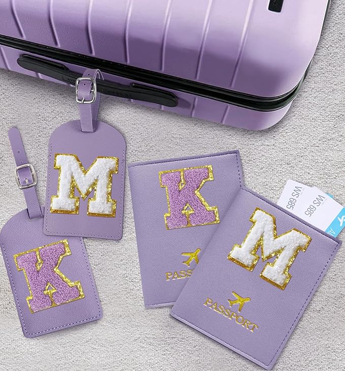 COSHAYSOO Purple Initial Passport Cover Holder and Luggage Tag Set TSA Approved with Alphabet Chenille Letter Patch for Women Teenager Girls, PU Leather Traveling Bag Suitcase Identifier (M)
