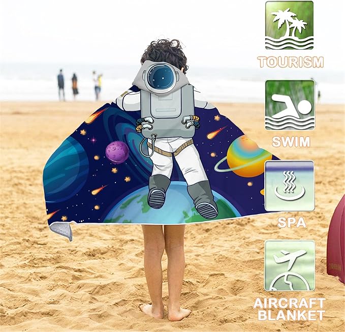 Outer Space Theme Kids Hooded Towel - 30"x50", Cool Microfiber Soft Bath Towel Poncho for Boys & Girls Swim Pool