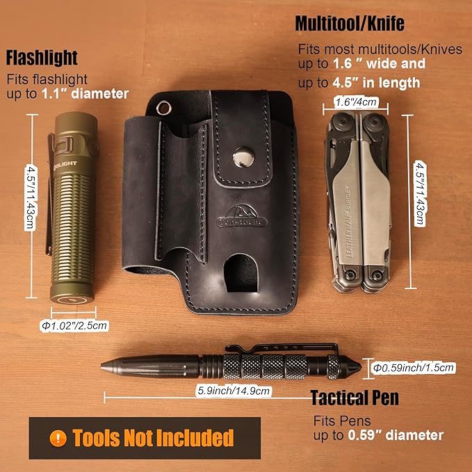 Topstache Leather Multitool Sheath with Belt Clip - Leather Multitool Holder with Closure Flap - EDC Belt Organizer Fits Multitool, Flashlight, Pen - EDC Pouch Belt Holster Case, Black