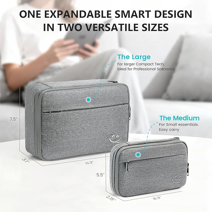 Travelkin Large Cord Organizer Travel, Electronic Organizer Travel Case, Expandable Cable Organizer Bag For Cords, Chargers Phone, Usbs, Tablet (Up to 10"), SD Card (Grey)
