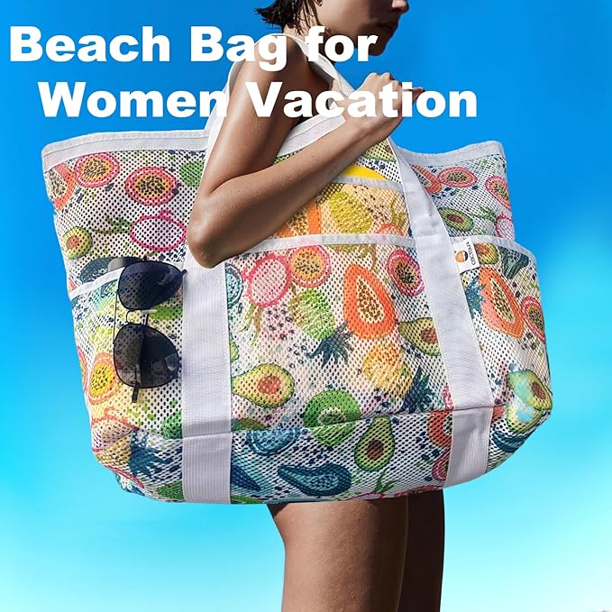 CaCTOUR Mesh Beach Bag,Large Beach Bags for Women with 8 Pockets,Packable Tote Bag for Beach Cruise Pool Vacation Essentials